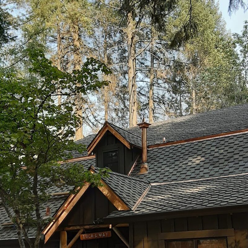 Cabin with a shingled roof surrounded by tall pine trees. A small sign reads "Tuckaway" on the front.